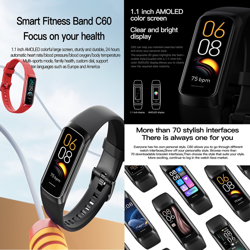 2024 Trending products sport digital smart watch AMOLED screen wearable device bracelet C60 sport wear smart watch band